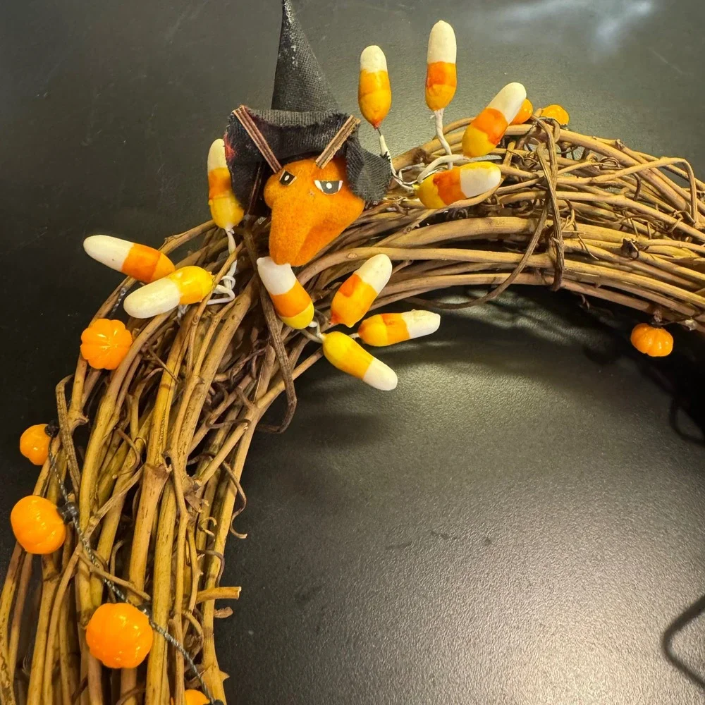 Halloween Wreath 10in Orange Candy Corn Pumpkin Witch Grapevine Rustic Decor